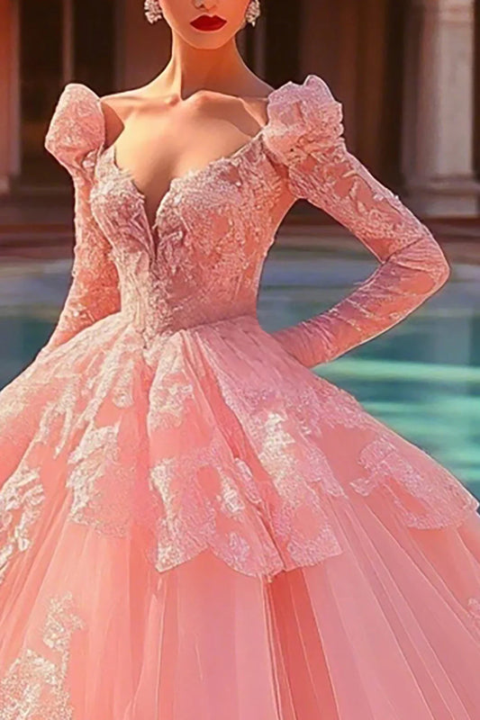 Blush Pink Long Sleeve Ball Gown Prom Dress with Floral Lace Appliques and Tulle Skirt