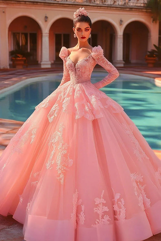Blush Pink Long Sleeve Ball Gown Prom Dress with Floral Lace Appliques and Tulle Skirt