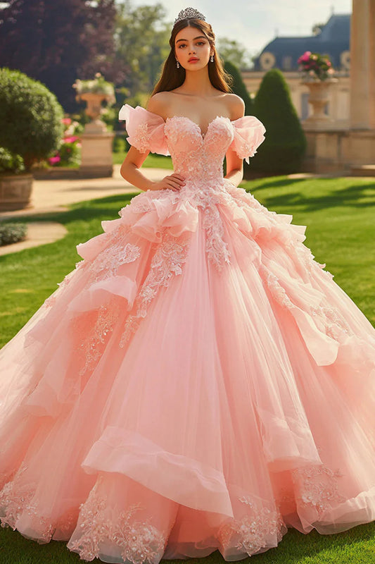 Blush Pink Off-the-Shoulder Ball Gown Prom Dress with 3D Floral Appliques and Layered Tulle Skirt