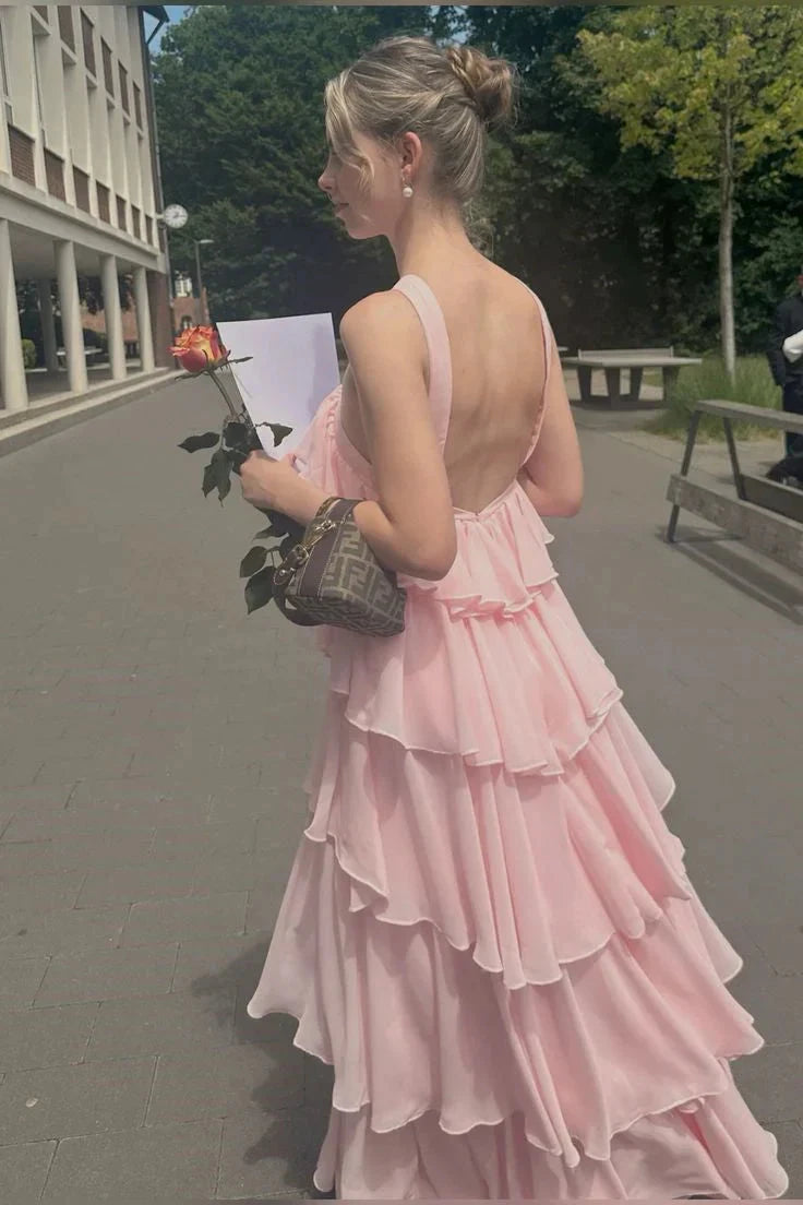 Pink Chiffon Evening Dresses Elegant Open Back Maxi Dress simple gentle atmospheric and unique desi Bring summer colors to enhance whiteness by YiHuiw