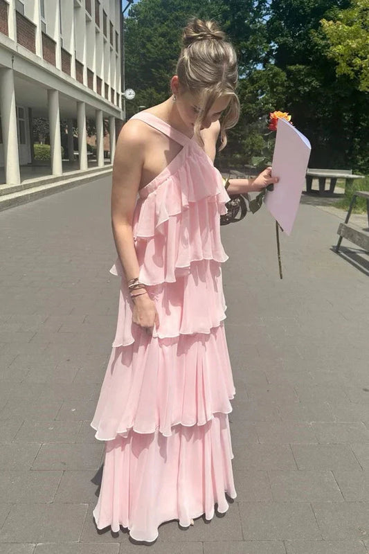 Pink Chiffon Evening Dresses Elegant Open Back Maxi Dress simple gentle atmospheric and unique desi Bring summer colors to enhance whiteness by YiHuiw