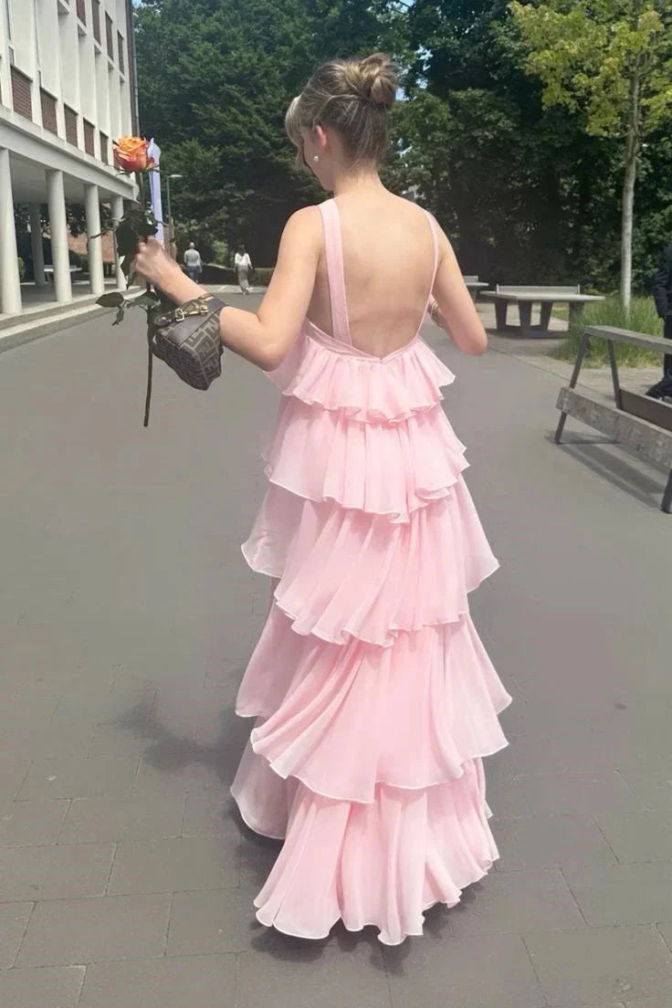 Pink Chiffon Evening Dresses Elegant Open Back Maxi Dress simple gentle atmospheric and unique desi Bring summer colors to enhance whiteness by YiHuiw