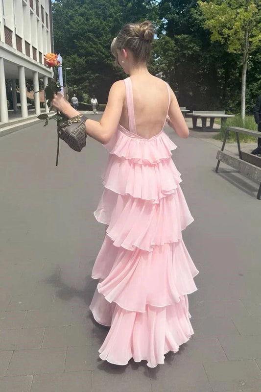 Pink Chiffon Evening Dresses Elegant Open Back Maxi Dress simple gentle atmospheric and unique desi Bring summer colors to enhance whiteness by YiHuiw