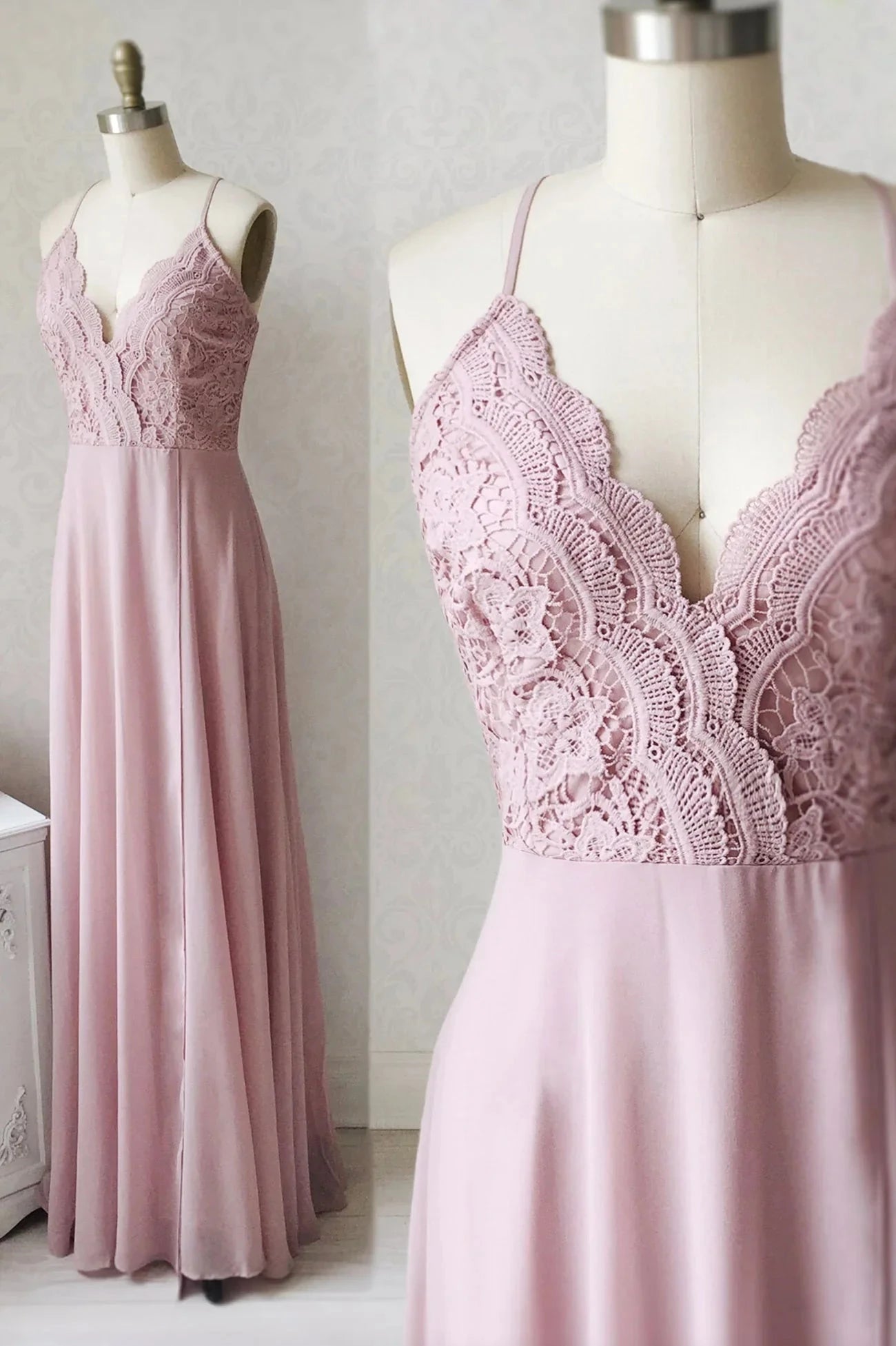 Pink Chiffon Lace Long A-Line Prom Dress Pink V-Neck Evening Dress simple gentle atmospheric and unique desi Bring summer colors to enhance whitenes by YiHuiw