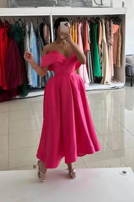 Pink Midi Length Formal Dress Off the Shoulder Satin Prom Dresses simple gentle atmospheric and unique desi Bring summer colors to enhance whiteness by YiHuiw