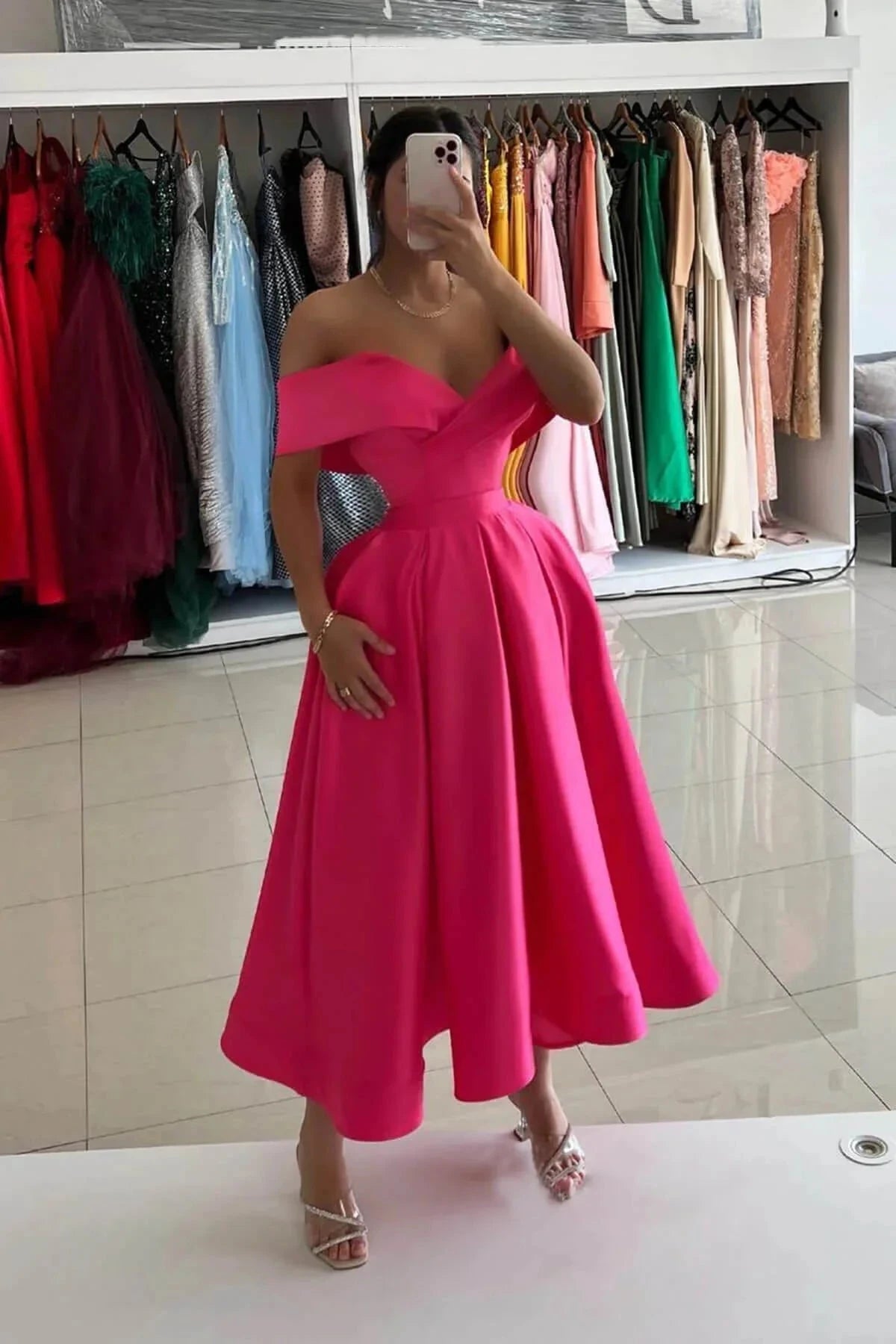 Pink Midi Length Formal Dress Off the Shoulder Satin Prom Dresses simple gentle atmospheric and unique desi Bring summer colors to enhance whiteness by YiHuiw