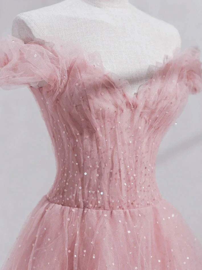 Pink Off Shoulder Tulle Tea Length Prom Dress Pink Tulle Wedding Party Dresses simple gentle atmospheric and unique desi Bring summer colors to enhance whiteness by YiHuiw