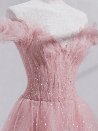 Pink Off Shoulder Tulle Tea Length Prom Dress Pink Tulle Wedding Party Dresses simple gentle atmospheric and unique desi Bring summer colors to enhance whiteness by YiHuiw