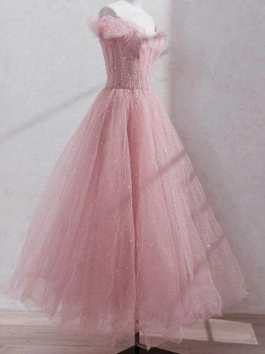 Pink Off Shoulder Tulle Tea Length Prom Dress Pink Tulle Wedding Party Dresses simple gentle atmospheric and unique desi Bring summer colors to enhance whiteness by YiHuiw