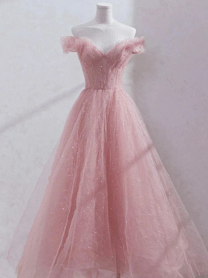 Pink Off Shoulder Tulle Tea Length Prom Dress Pink Tulle Wedding Party Dresses simple gentle atmospheric and unique desi Bring summer colors to enhance whiteness by YiHuiw