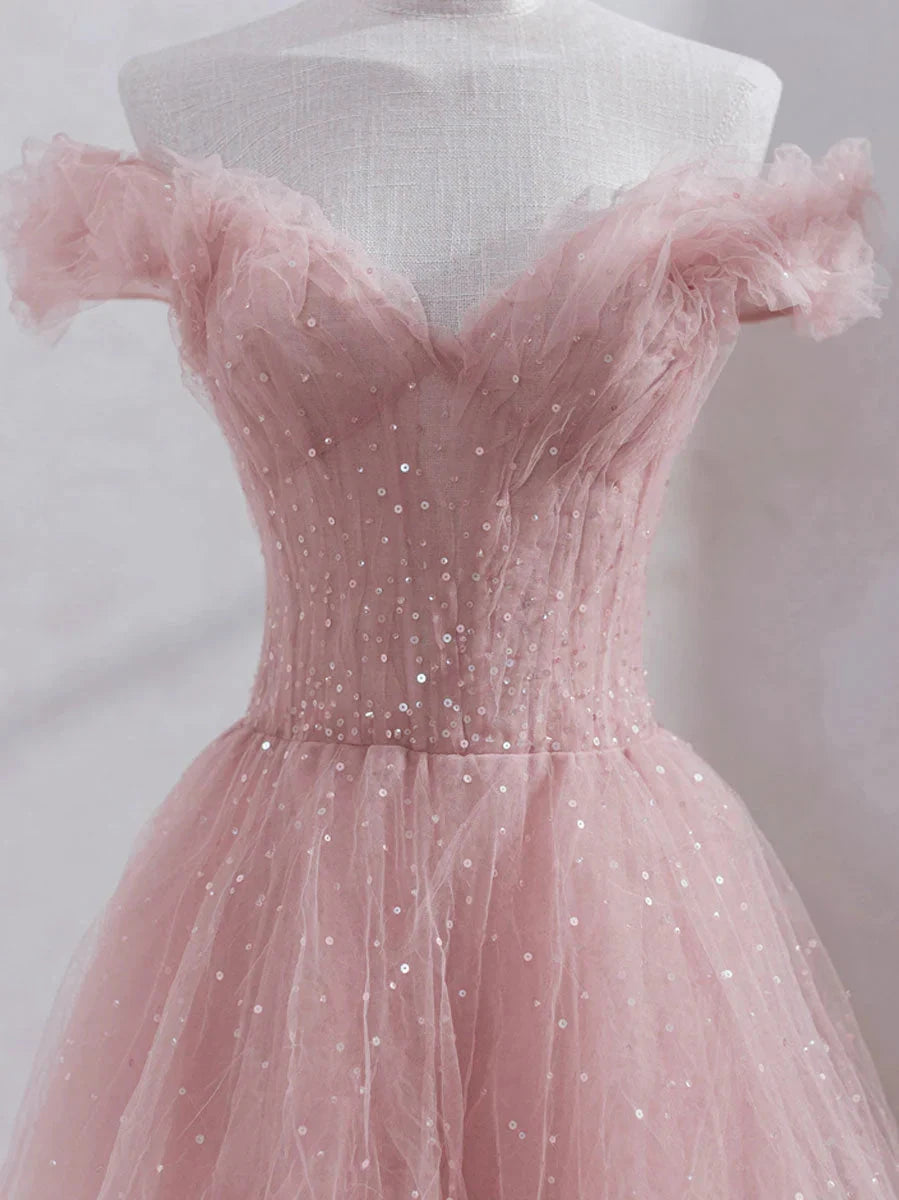 Pink Off Shoulder Tulle Tea Length Prom Dress Pink Tulle Wedding Party Dresses simple gentle atmospheric and unique desi Bring summer colors to enhance whiteness by YiHuiw