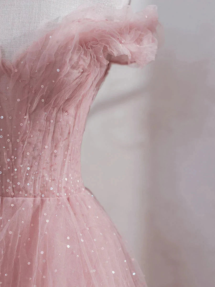 Pink Off Shoulder Tulle Tea Length Prom Dress Pink Tulle Wedding Party Dresses simple gentle atmospheric and unique desi Bring summer colors to enhance whiteness by YiHuiw