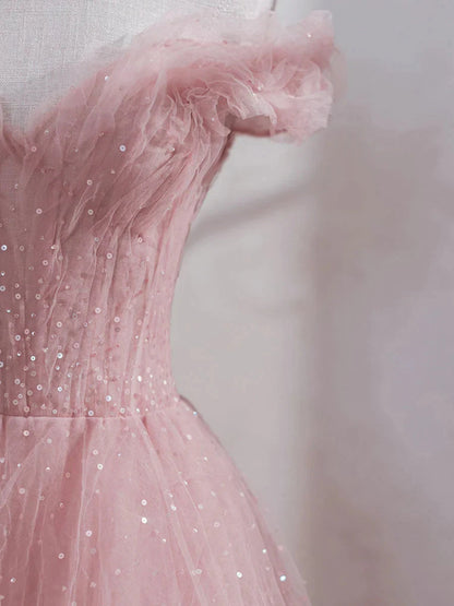Pink Off Shoulder Tulle Tea Length Prom Dress Pink Tulle Wedding Party Dresses simple gentle atmospheric and unique desi Bring summer colors to enhance whiteness by YiHuiw