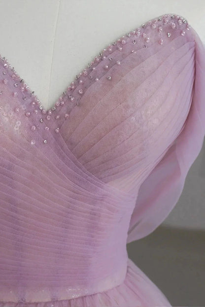 Pink Off the Shoulder Tulle Sequins Evening Prom Dress Beautiful A-Line Party Dress simple gentle atmospheric and unique desi Bring summer colors to enhance white by YiHuiw