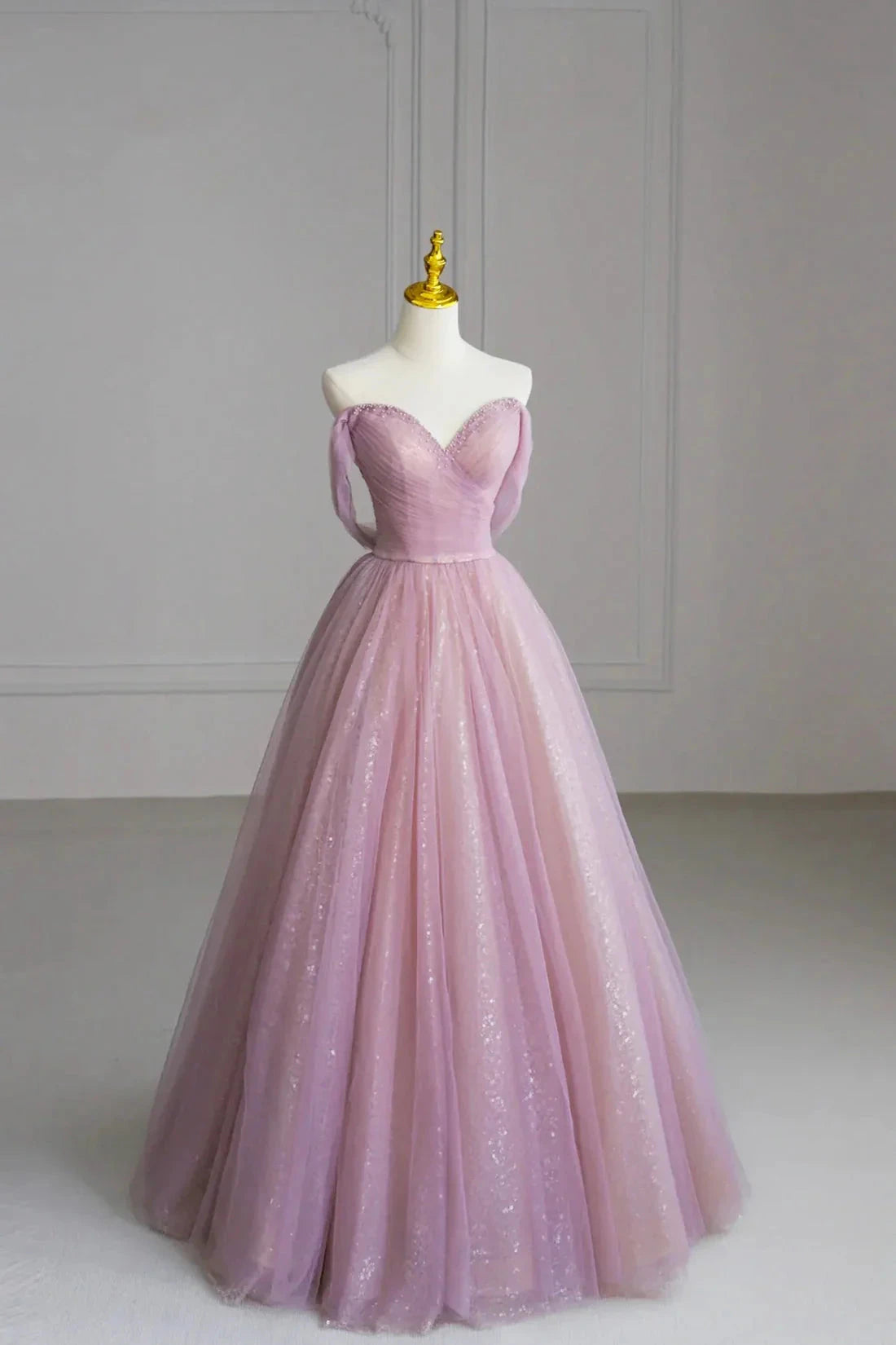 Pink Off the Shoulder Tulle Sequins Evening Prom Dress Beautiful A-Line Party Dress simple gentle atmospheric and unique desi Bring summer colors to enhance white by YiHuiw