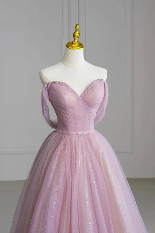 Pink Off the Shoulder Tulle Sequins Evening Prom Dress Beautiful A-Line Party Dress simple gentle atmospheric and unique desi Bring summer colors to enhance white by YiHuiw