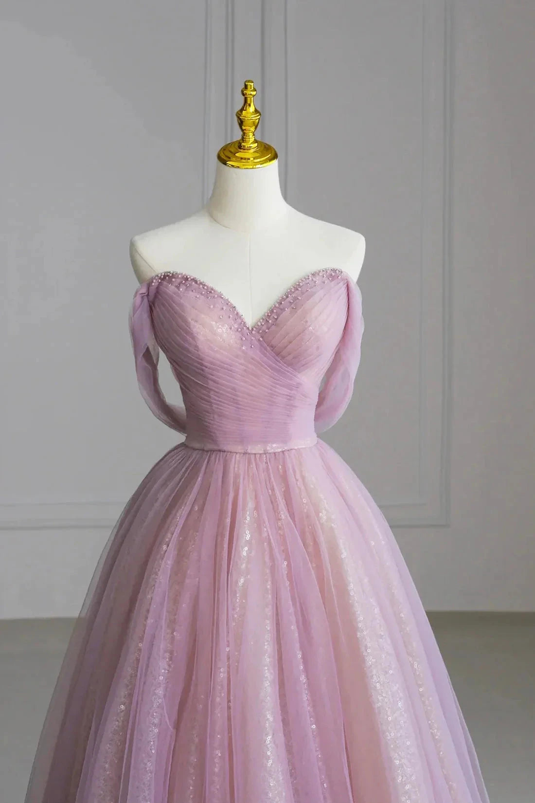 Pink Off the Shoulder Tulle Sequins Evening Prom Dress Beautiful A-Line Party Dress simple gentle atmospheric and unique desi Bring summer colors to enhance white by YiHuiw