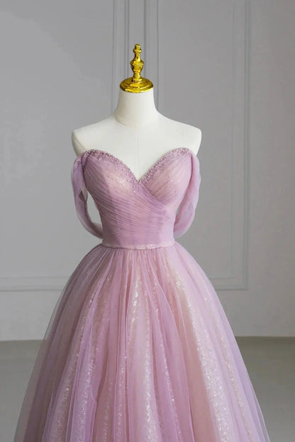 Pink Off the Shoulder Tulle Sequins Evening Prom Dress Beautiful A-Line Party Dress simple gentle atmospheric and unique desi Bring summer colors to enhance white by YiHuiw