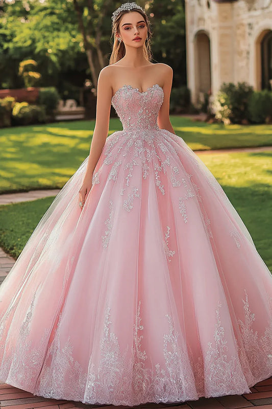 Blush Pink Glitter Ball Gown Prom Dress with Sweetheart Corset Bodice and Lace Appliques