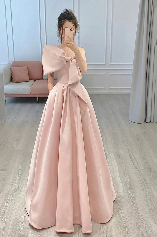 Pink Satin Long A-Line Prom Dress with Bow One Shoulder Evening Party Dress simple gentle atmospheric and unique desi Bring summer colors to enhance whitene by YiHuiw