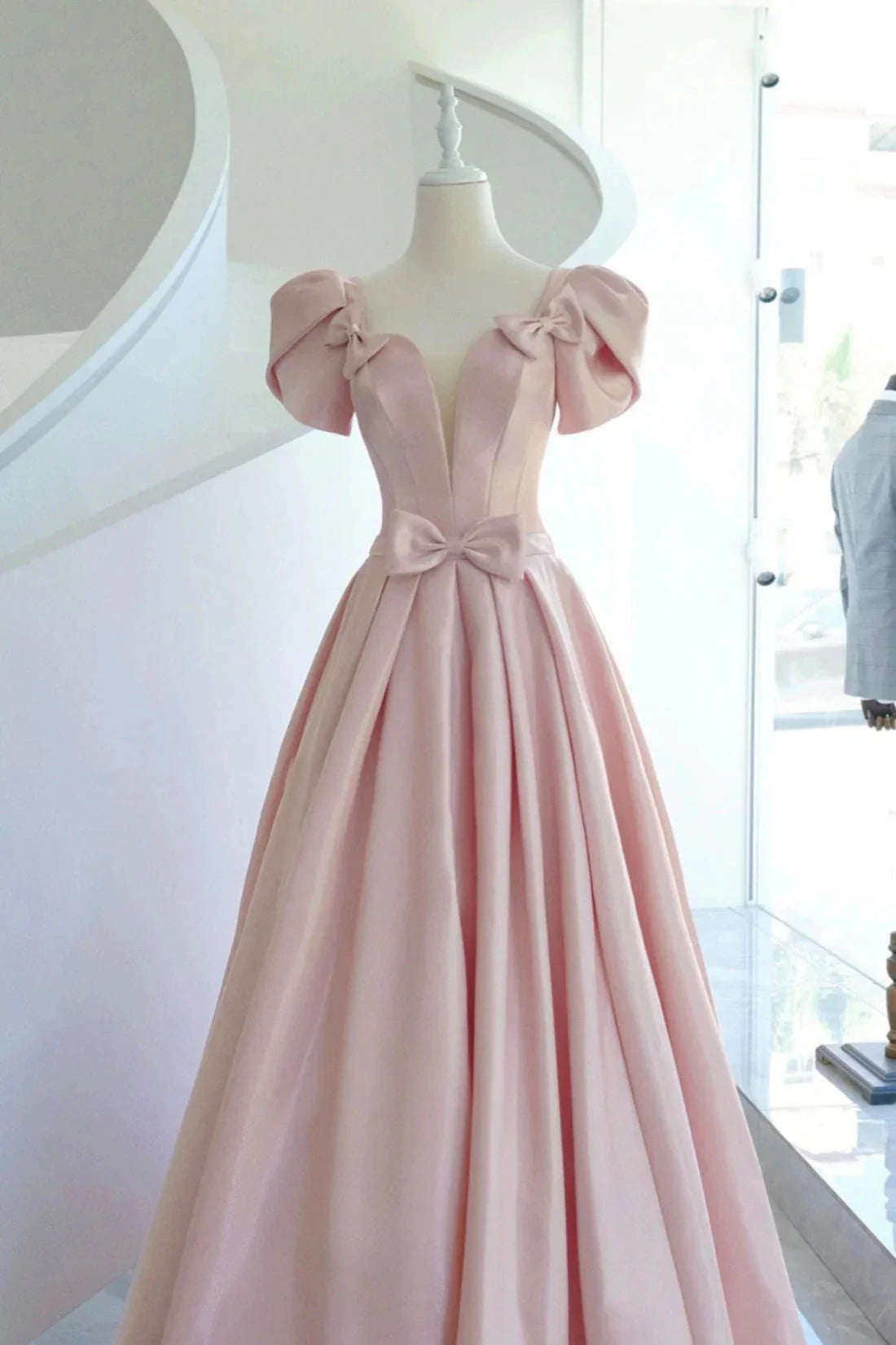 Pink Satin Long Prom Dress Beautiful A-Line Evening Dress with Bow simple gentle atmospheric and unique desi Bring summer colors to enhance white by YiHuiw