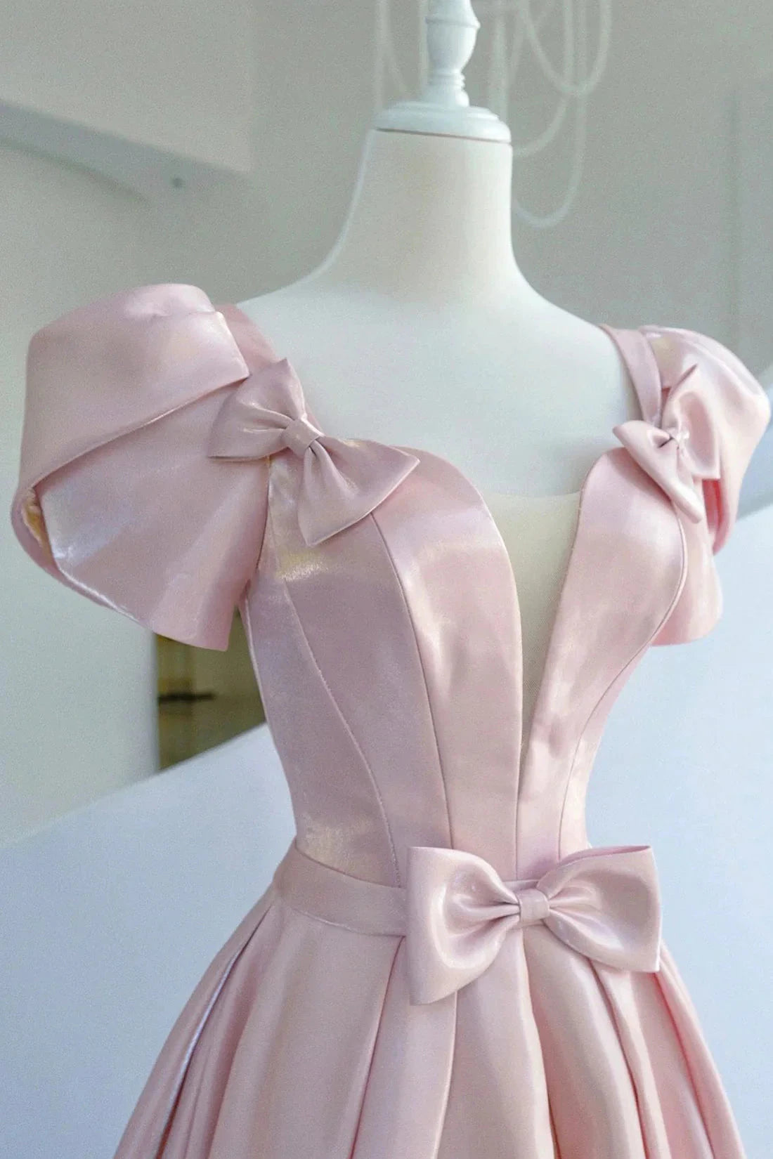 Pink Satin Long Prom Dress Beautiful A-Line Evening Dress with Bow simple gentle atmospheric and unique desi Bring summer colors to enhance white by YiHuiw