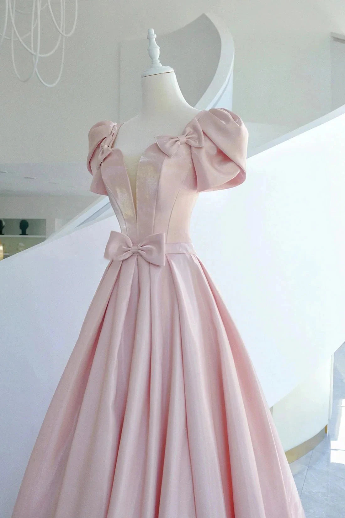 Pink Satin Long Prom Dress Beautiful A-Line Evening Dress with Bow simple gentle atmospheric and unique desi Bring summer colors to enhance white by YiHuiw