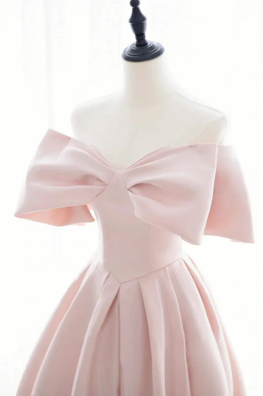 Pink Satin Long Prom Dress Cute Off Shoulder Evening Dress simple gentle atmospheric and unique desi Bring summer colors to enhance white by YiHuiw