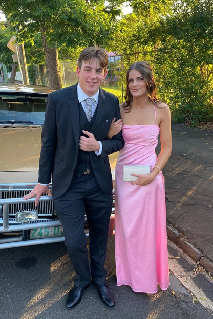 Pink Satin Ruched Spaghetti Strap Prom Dresses Slim Maxi Formal Evening Gown by JiMiss Dresses