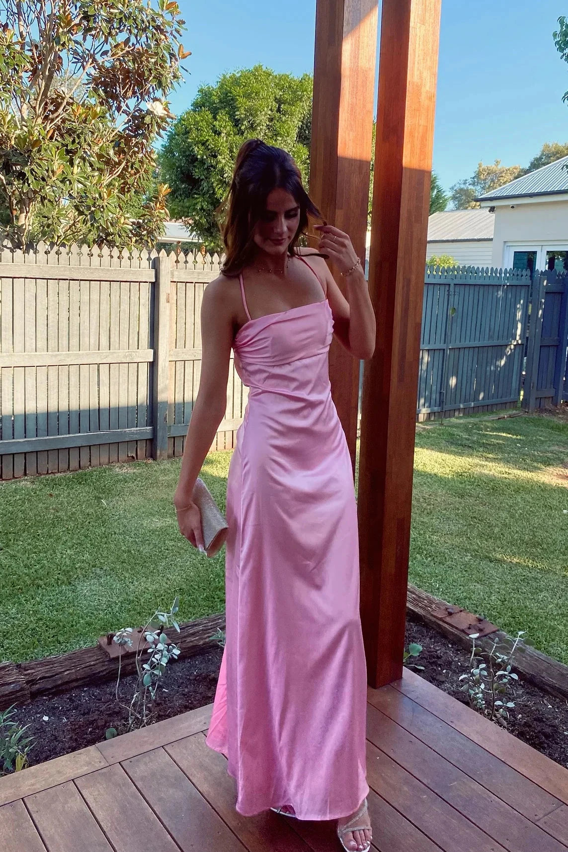 Pink Satin Ruched Spaghetti Strap Prom Dresses Slim Maxi Formal Evening Gown by JiMiss Dresses