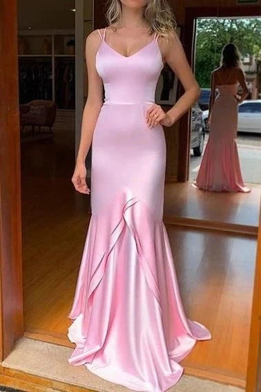 Pink Satin Spaghetti Strap Mermaid Evening Gown Pink Mermaid Train Sexy V-neck Evening Prom Dress Party Dresses by YiHuiw