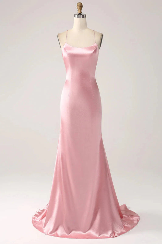 Pink Satin Spaghetti Strap Mermaid Evening Gown Blush Mermaid Spaghetti Straps Long Prom Dress Evening Dress by YiHuiw
