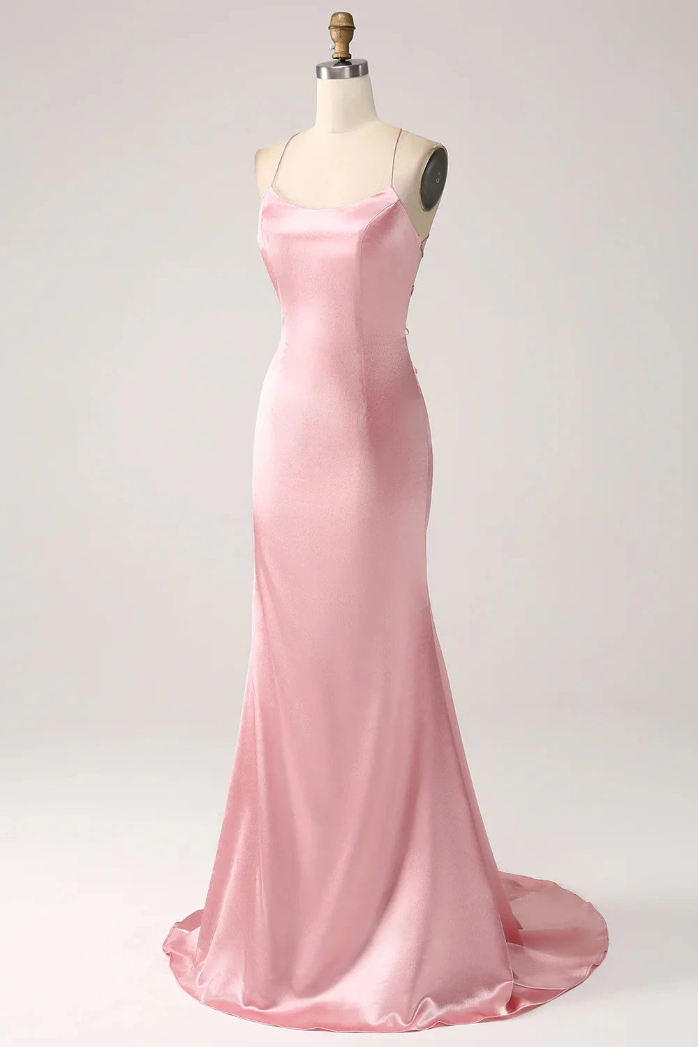 Pink Satin Spaghetti Strap Mermaid Evening Gown Blush Mermaid Spaghetti Straps Long Prom Dress Evening Dress by YiHuiw