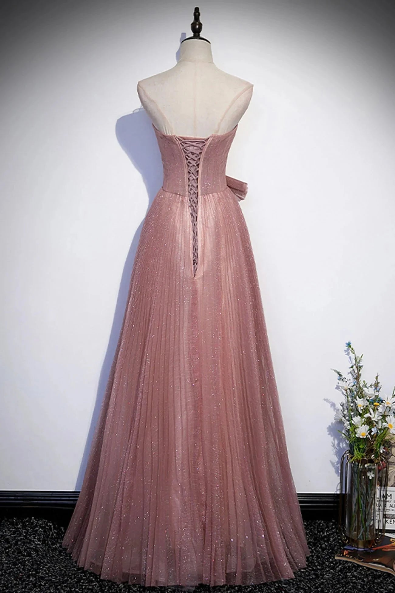 Pink Shiny Tulle Long A-Line Prom Dress Lovely Strapless Evening Dress simple gentle atmospheric and unique desi Bring summer colors to enhance whitenes by YiHuiw