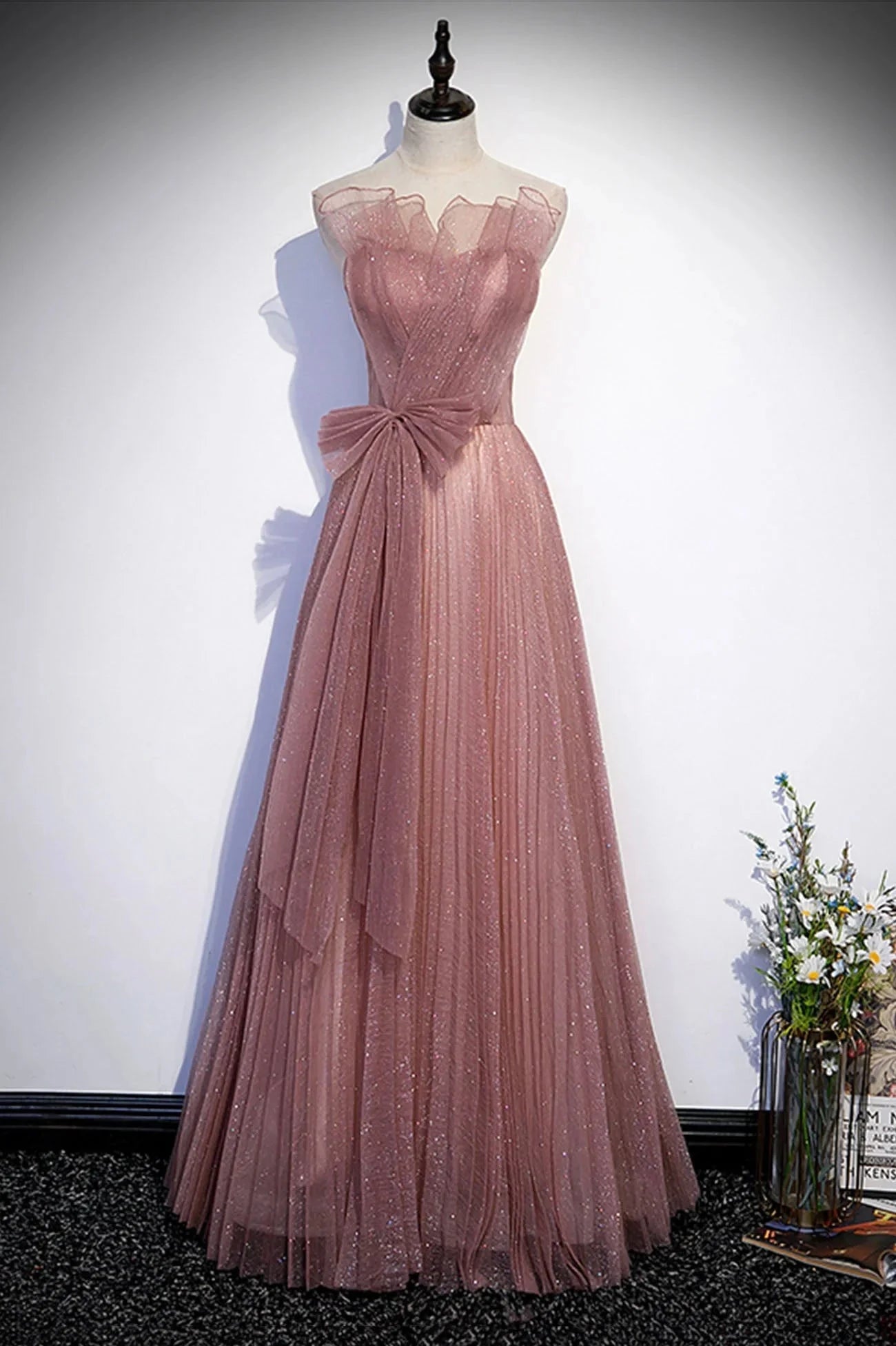 Pink Shiny Tulle Long A-Line Prom Dress Lovely Strapless Evening Dress simple gentle atmospheric and unique desi Bring summer colors to enhance whitenes by YiHuiw