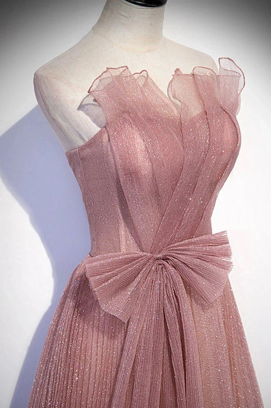 Pink Shiny Tulle Long A-Line Prom Dress Lovely Strapless Evening Dress simple gentle atmospheric and unique desi Bring summer colors to enhance whitenes by YiHuiw