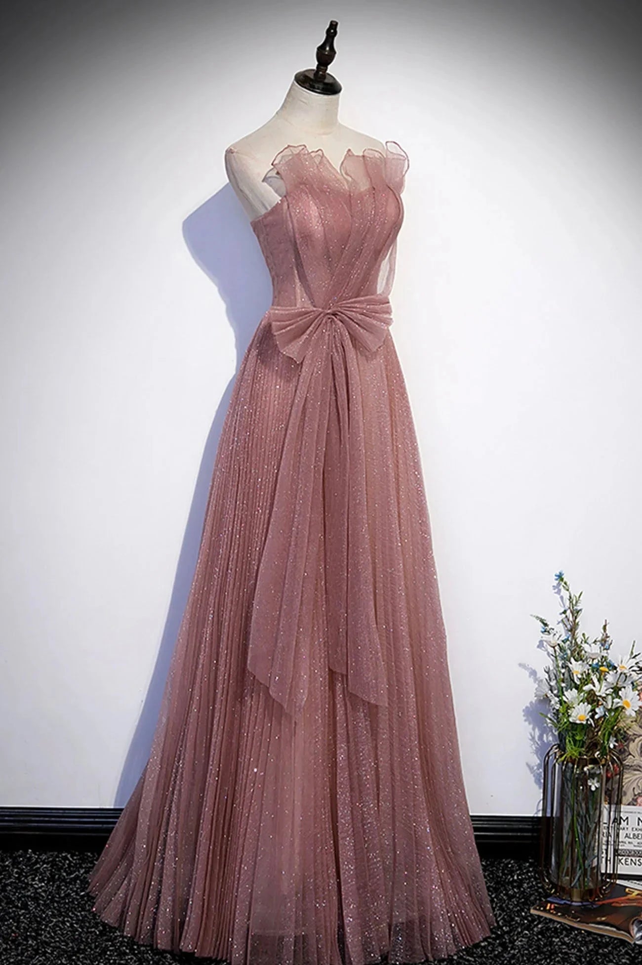Pink Shiny Tulle Long A-Line Prom Dress Lovely Strapless Evening Dress simple gentle atmospheric and unique desi Bring summer colors to enhance whitenes by YiHuiw