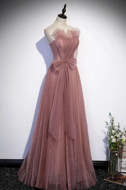 Pink Shiny Tulle Long A-Line Prom Dress Lovely Strapless Evening Dress simple gentle atmospheric and unique desi Bring summer colors to enhance whitenes by YiHuiw