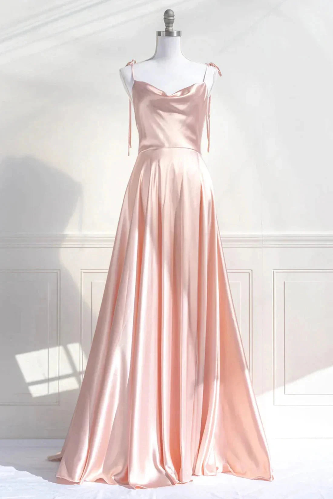 Pink Spaghetti Strap Satin Long Prom Dress Simple A-Line Evening Party Dress simple gentle atmospheric and unique desi Bring summer colors to enhance white by YiHuiw