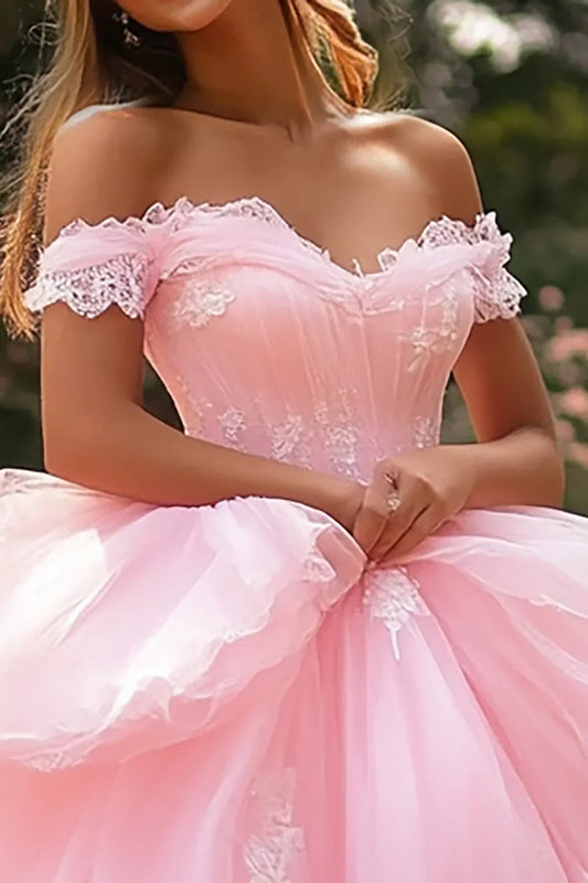 Blush Pink Off-the-Shoulder Ball Gown Prom Dress with Floral Appliques and Layered Tulle Skirt