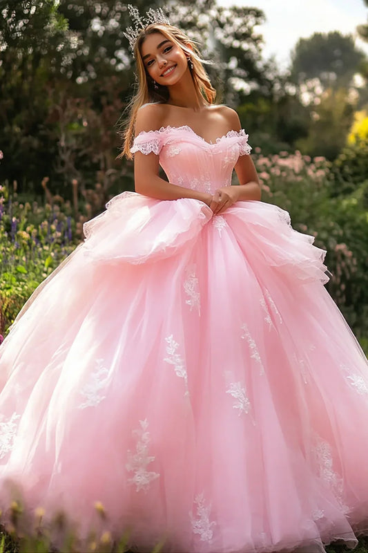 Blush Pink Off-the-Shoulder Ball Gown Prom Dress with Floral Appliques and Layered Tulle Skirt