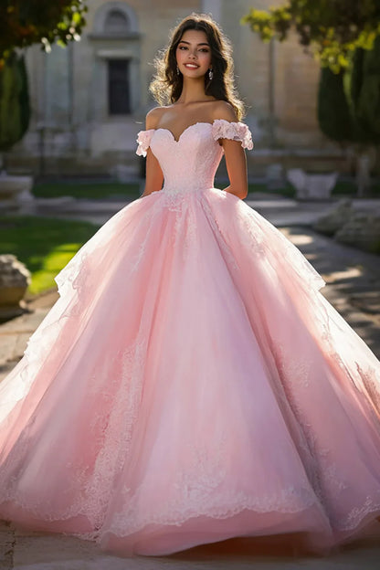 Blush Pink Off-the-Shoulder Ball Gown Prom Dress with Sweetheart Neckline and Tulle Skirt