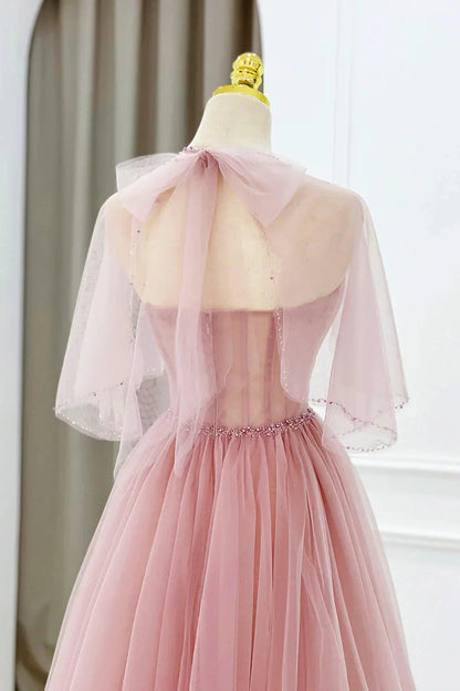 Pink Tulle Beaded Long Prom Dress Lovely Pink Evening Dress simple gentle atmospheric and unique desi Bring summer colors to enhance white by YiHuiw