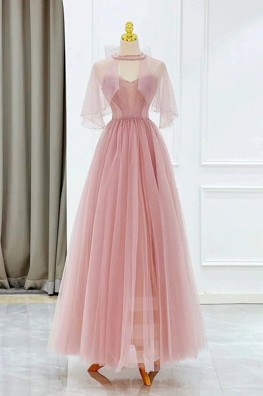 Pink Tulle Beaded Long Prom Dress Lovely Pink Evening Dress simple gentle atmospheric and unique desi Bring summer colors to enhance white by YiHuiw