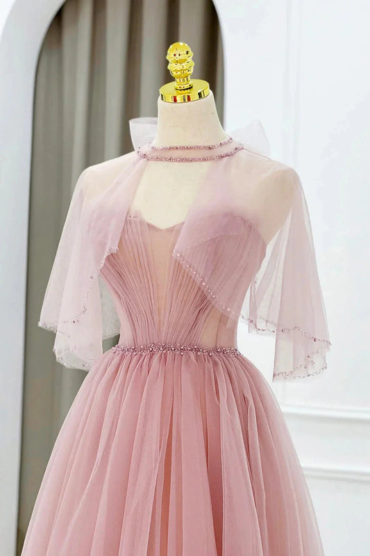 Pink Tulle Beaded Long Prom Dress Lovely Pink Evening Dress simple gentle atmospheric and unique desi Bring summer colors to enhance white by YiHuiw