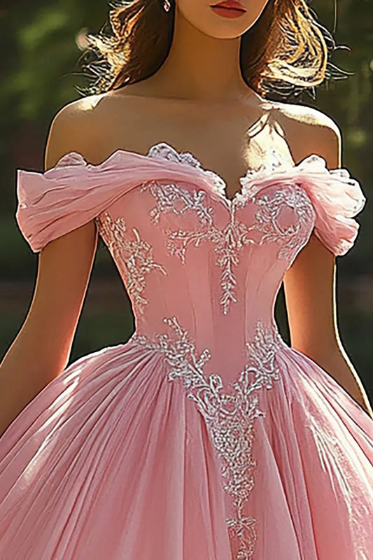 Blush Pink Off-the-Shoulder Ball Gown Prom Dress with Beaded Corset Bodice and Glitter Tulle Skirt