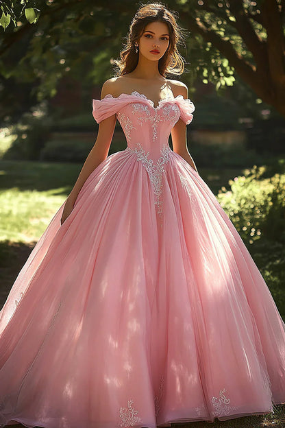 Blush Pink Off-the-Shoulder Ball Gown Prom Dress with Beaded Corset Bodice and Glitter Tulle Skirt