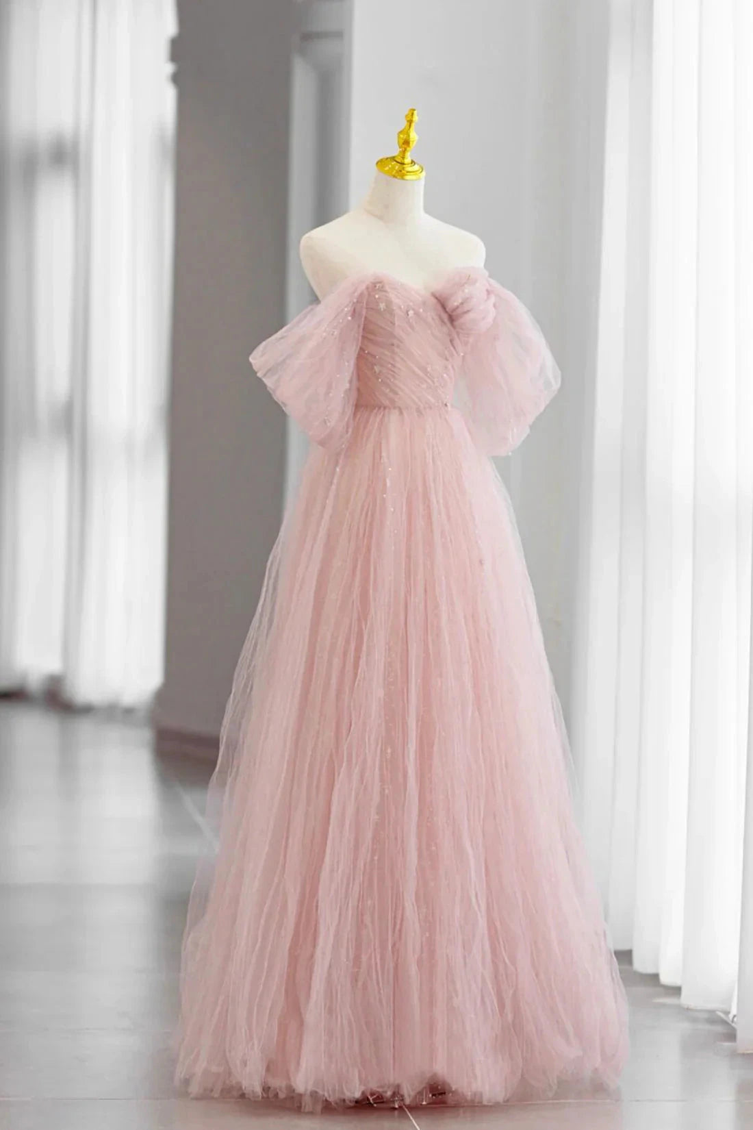 Pink Tulle Floor Length Prom Dress Cute A-Line Evening Party Dress simple gentle atmospheric and unique desi Bring summer colors to enhance white by YiHuiw