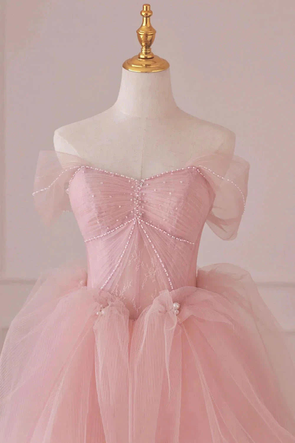 Pink Tulle Lace Long Formal Dress A-Line Off Shoulder Pink Prom Dress simple gentle atmospheric and unique desi Bring summer colors to enhance white by YiHuiw