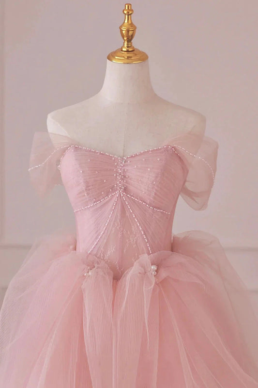 Pink Tulle Lace Long Formal Dress A-Line Off Shoulder Pink Prom Dress simple gentle atmospheric and unique desi Bring summer colors to enhance white by YiHuiw